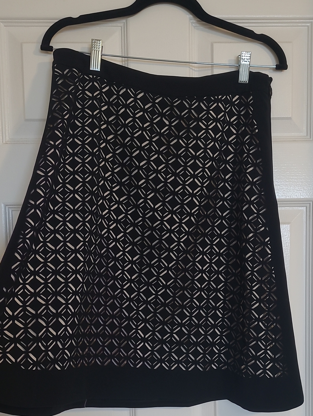 White House Black Market Black Laser-Cut A-Line Skirt with Nude Underlay